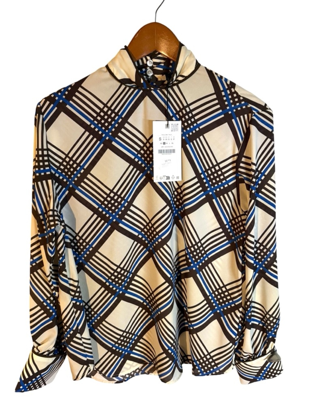Zara NWT High Neck Plaid Blouse in Sz S - Picture 2 of 5